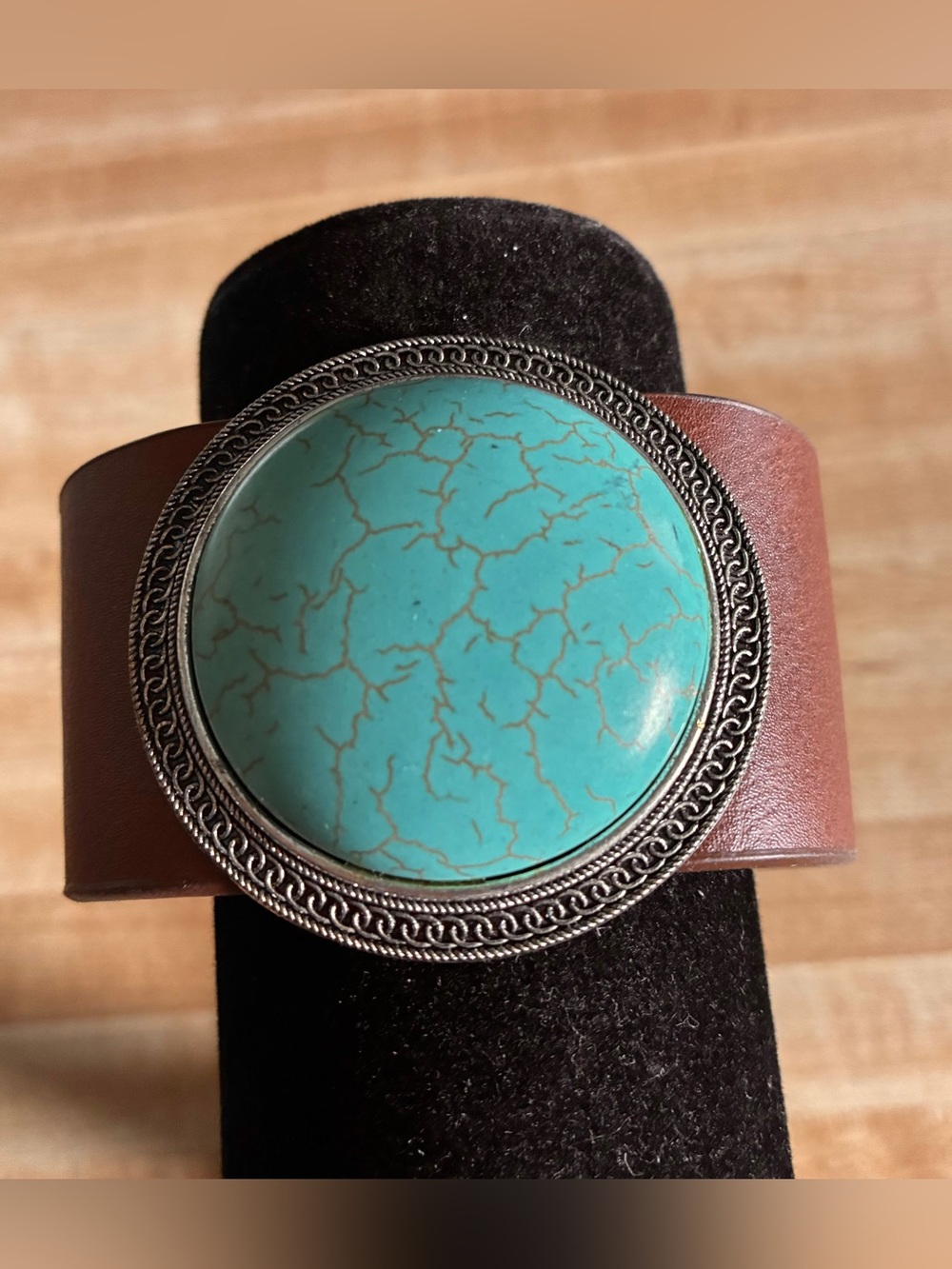 Turquoise Statement Cuff Bracelet - Brown Leather